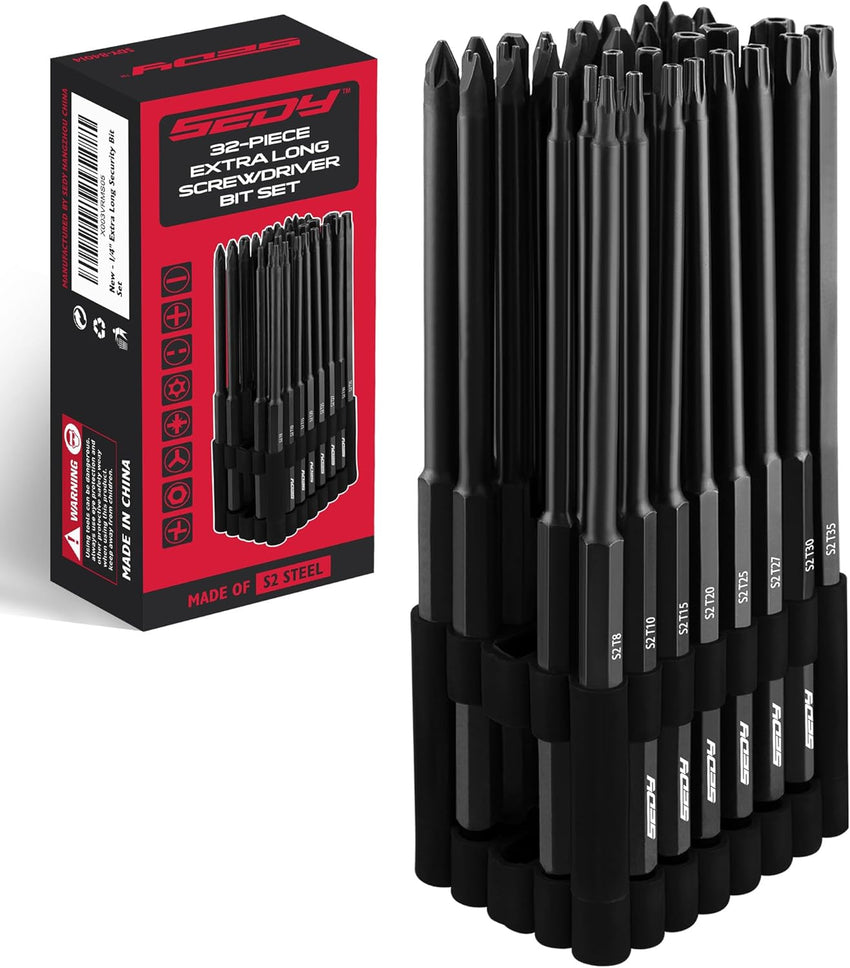 Extra Long Security Bit Set: 32-Piece S2 Steel Screwdriver Drill Bits for Tamper-Proof Screws, 6" Torx, PoziDriv, Spanner, Tri-Wing - Universal 1/4" Hex Shank for Electric, Impact Drills