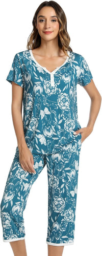 NACHILA Women’s Pajamas-Viscose Made from Bamboo, Short Sleeve Pjs Top with Capri Pajama Sets for Women Cool V Neck Sleepwear