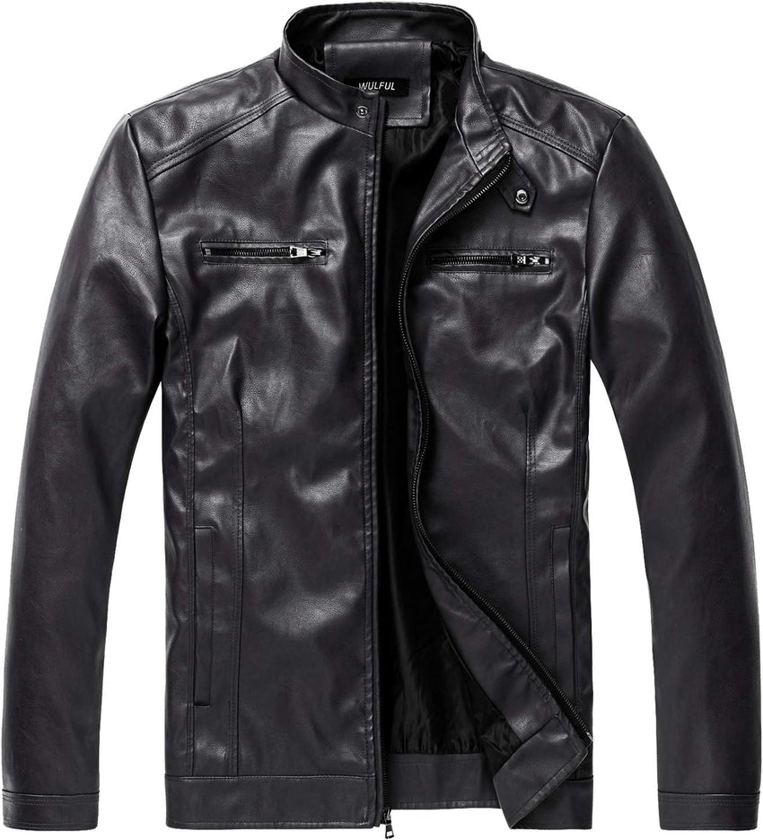7DAY'S Men's Stand Collar Leather Jacket Motorcycle Lightweight Faux Leather Outwear