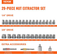 VEVOR Bolt Extractor Set, 32-Piece Bolt and Nut Remover Set, 6mm to 10mm, 13/32" to 3/4", CR-MO Steel Extraction Socket Set with Storage Case, for Removing Damaged Rusted Bolts, Nuts and Screws