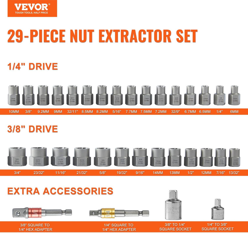 VEVOR Bolt Extractor Set, 32-Piece Bolt and Nut Remover Set, 6mm to 10mm, 13/32" to 3/4", CR-MO Steel Extraction Socket Set with Storage Case, for Removing Damaged Rusted Bolts, Nuts and Screws