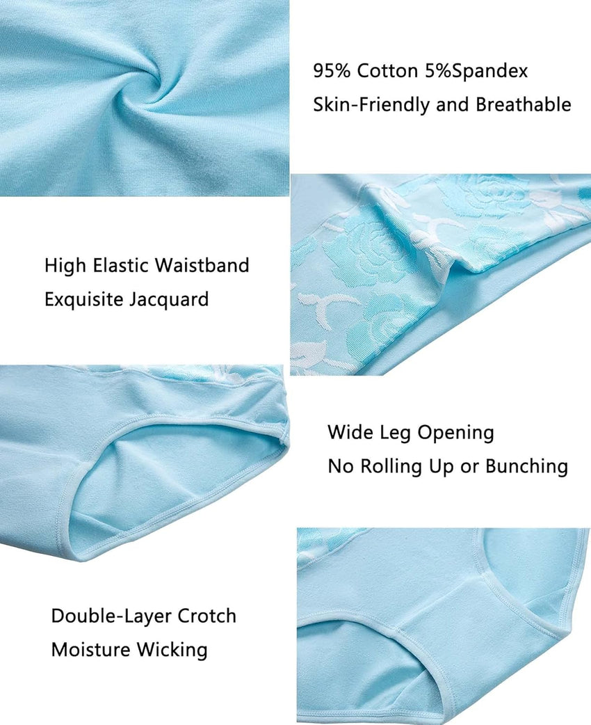 HAVVIS Women's Briefs Underwear Cotton High Waist Tummy Control Panties Rose Jacquard Ladies Panty Multipack