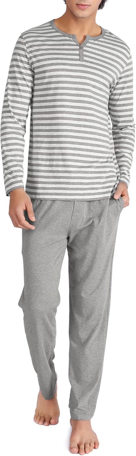 DAVID ARCHY Men's Pajamas Set Soft Cotton Long Sleeve Sleepwear Comfy Loungewear Pjs with Pockets