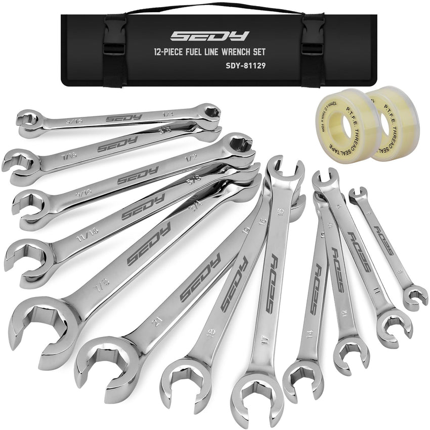 4-Piece Flare Nut Wrench Set - SAE Brake Line Wrench 1/4, 5/16, 3/8, 7/16, 1/2, 9/16, 5/8, 11/16-inch, Professional Offset Heads, Portable Organizer Pouch Included