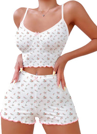 Hilinker Womens Graphic Print Ribbed PJ Set Crop Cami Tops and Shorts Cute Pajamas Set