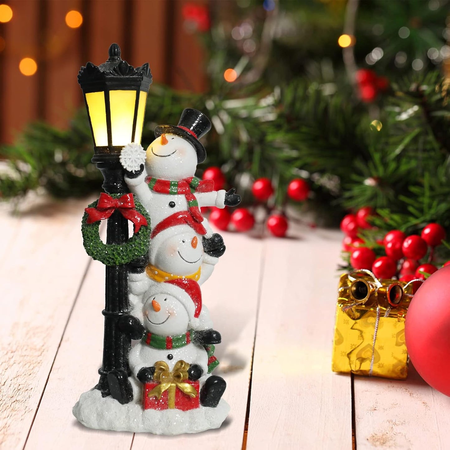 Bdor Snowman with Lamppost – Resin Christmas Figurine for Holiday Home, Tabletop, Indoor Party Decorations, Festive Winter Decor