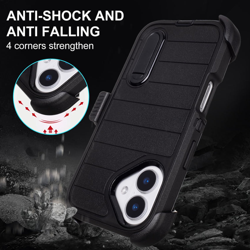 Black for iPhone 16 Case with Belt Clip Holster, Heavy Duty Rugged Military Grade Shockproof Case for iPhone 16 Case Protective Cover with Kickstand 6.1 Inch