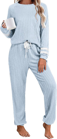 Ekouaer Lounge Sets for Women Ribbed Knit Outfits Pajamas Sets 2 Piece Long Sleeve Sweatsuits with Pockets