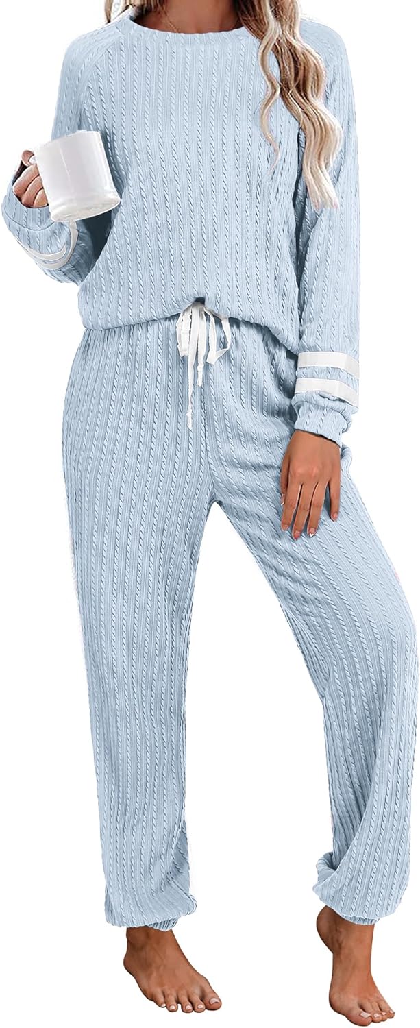 Ekouaer Lounge Sets for Women Ribbed Knit Outfits Pajamas Sets 2 Piece Long Sleeve Sweatsuits with Pockets
