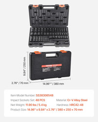 VEVOR Impact Socket Set 3/8" Drive, 48-Piece Standard SAE (5/16 to 3/4 inch) & Metric (8 to 22 mm) Size, Deep & Shallow, 6 Point, CR-V, Extension Bar, Universal Joint, 1/2" F to 3/8" M Reducer