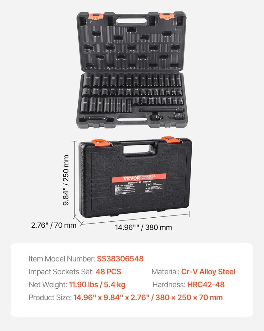 VEVOR Impact Socket Set 3/8" Drive, 48-Piece Standard SAE (5/16 to 3/4 inch) & Metric (8 to 22 mm) Size, Deep & Shallow, 6 Point, CR-V, Extension Bar, Universal Joint, 1/2" F to 3/8" M Reducer