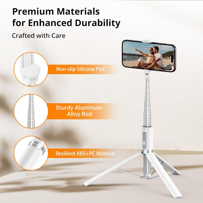ATUMTEK 62" Selfie Stick Tripod, Extendable Aluminum Tripod with Rechargeable Bluetooth Remote, Compatible with iPhone and Android Smartphones, Perfect for Travel, Vlog, Video and Photo, White