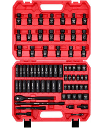 29-Piece 1/2" Drive Impact Socket Set, SAE (3/8 to 1 inch) and Metric (10-24mm) Sizes with Extension Bars Standard Deep Socket Set CR-V Material High Durability Impact Wrench