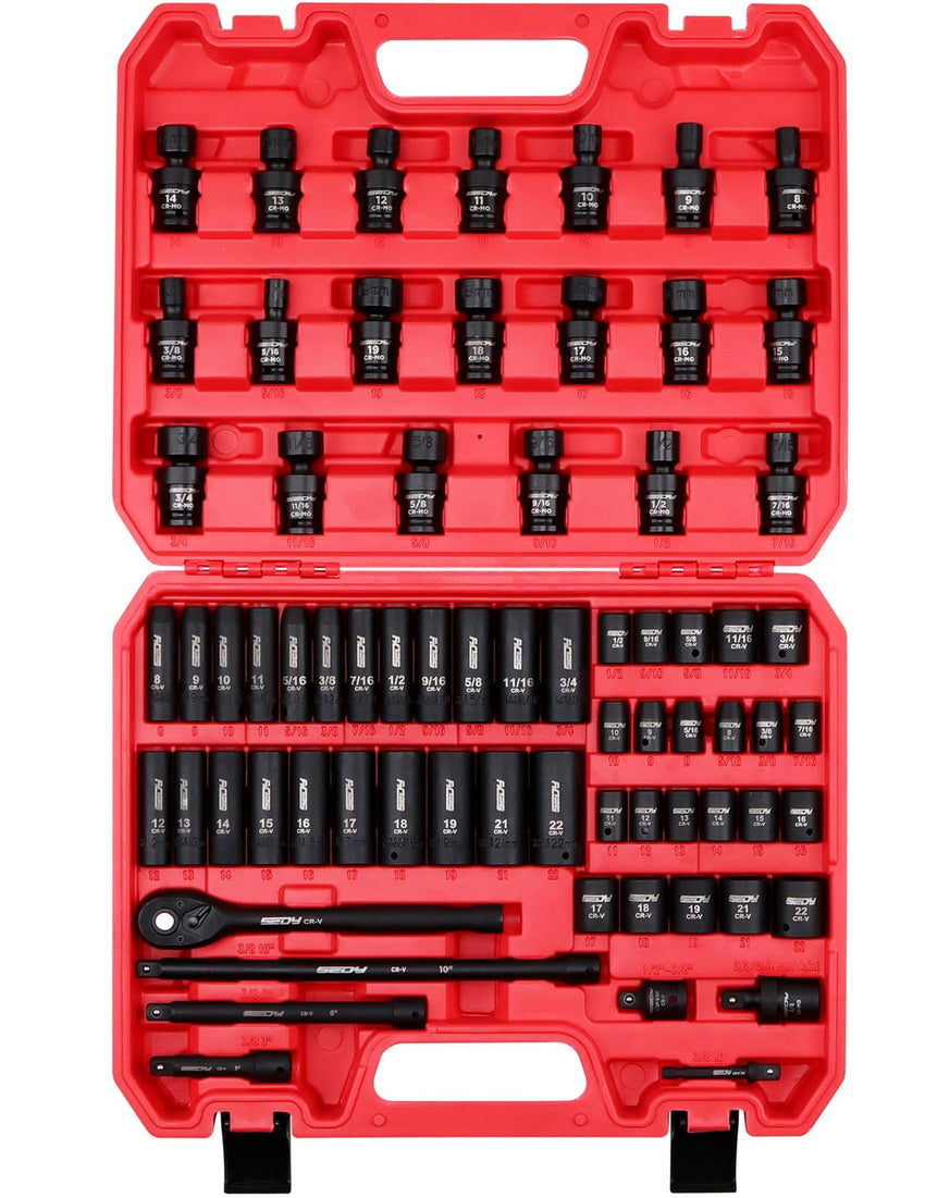 29-Piece 1/2" Drive Impact Socket Set, SAE (3/8 to 1 inch) and Metric (10-24mm) Sizes with Extension Bars Standard Deep Socket Set CR-V Material High Durability Impact Wrench