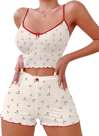 Hilinker Womens Graphic Print Ribbed PJ Set Crop Cami Tops and Shorts Cute Pajamas Set