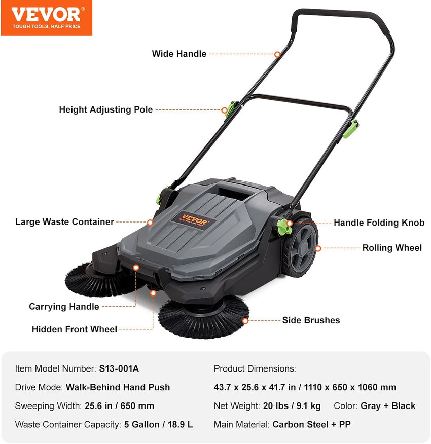 VEVOR Walk-Behind Hand Push Floor Sweeper, 25.6" Sweeping Width Floor Sweeper Manual Non-Electric, 5-Gallon Waste Container, Angle & Height Adjustable Folding Handle for Walkway, Yard, Garage, Patio