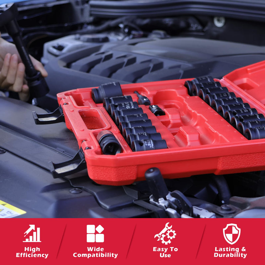 29-Piece 1/2" Drive Impact Socket Set, SAE (3/8 to 1 inch) and Metric (10-24mm) Sizes with Extension Bars Standard Deep Socket Set CR-V Material High Durability Impact Wrench