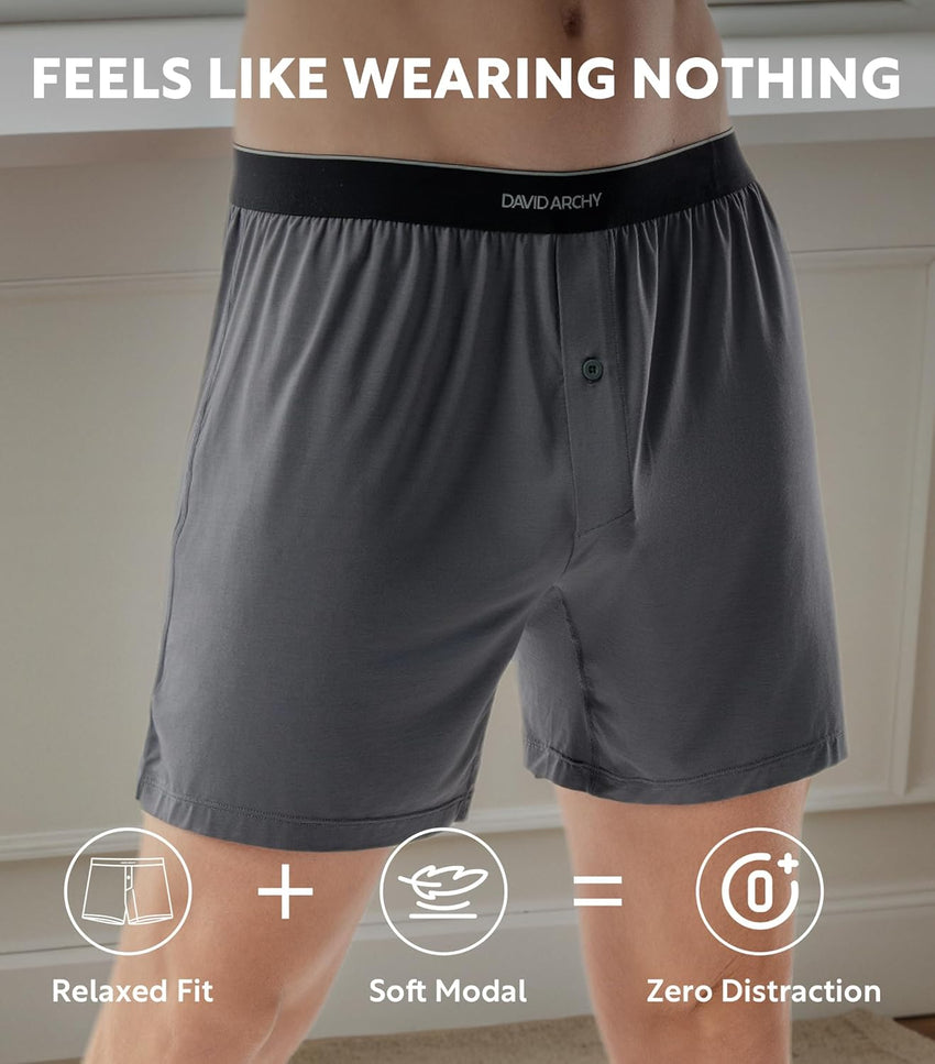 DAVID ARCHY Ultra Soft Modal Boxers for Men, Silky Stretchy Boxer Shorts, Breathable Loose Men's Underwear for Sleep 4 Pack
