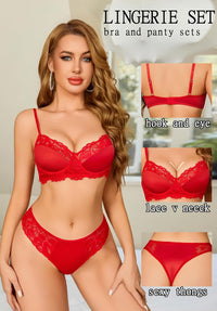 Avidlove Lingerie Sets for Women Sexy Underwire Bra and Pany Set Floral Lace 2 Pieces Underwear Satin Lingerie Outfit