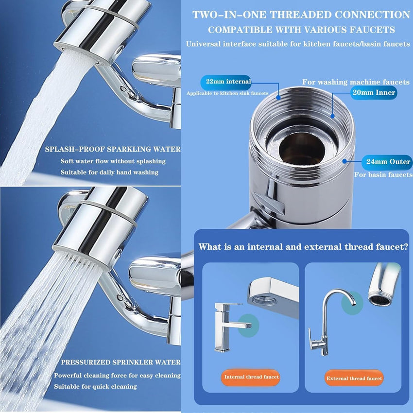 Universal Sink Faucet 1440° Rotatable Faucet Aerator Extension, U Shaped Faucet Extender, 360° Rotating Faucet Extender for Bathroom Sink/Kitchen, Sink Faucet Extender, 2 Modes Adjustable(Silver)