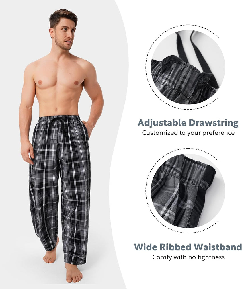 DAVID ARCHY Mens Pajama Pants Soft Cotton Plaid Sleepwear, Comfy Lounge Woven Pajamas Bottoms PJ Pant for Men, 3 pack