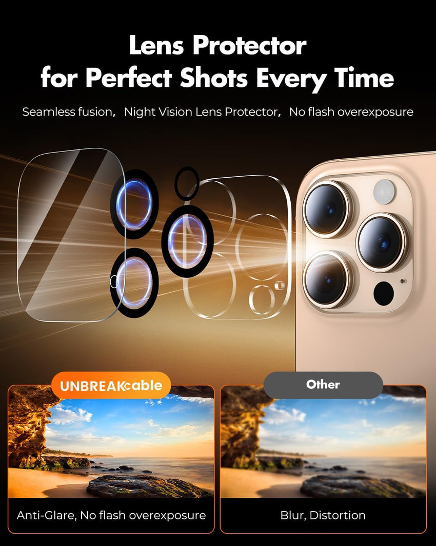 UNBREAKcable 2+2 Pack for iPhone 16 Pro Max Screen Protector & Lens Protector 【Military-Grade】【Easy Install】【Efficient Night Shot】9H+ Shatterproof Tempered Glass Film,Bubble-Free&Anti-Fingerprint ,Case Friendly-6.9 inch