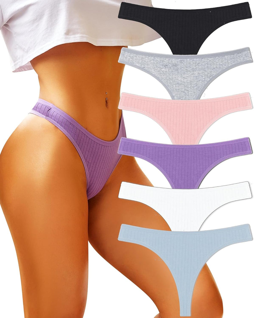 FINETOO Cotton Thongs for Women Soft Low Rise Sexy Thong Ladies Panties Womens Underwear 6 Pack S-XXXL