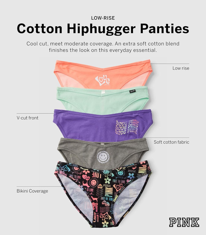 Victoria's Secret PINK Women's Cotton Bikini Underwear, Moderate Coverage Panties for Women, Multi Pack (XS-XXL)