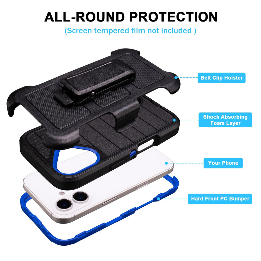 Black for iPhone 16 Case with Belt Clip Holster, Heavy Duty Rugged Military Grade Shockproof Case for iPhone 16 Case Protective Cover with Kickstand 6.1 Inch