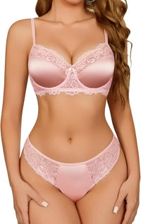 Avidlove Lingerie Sets for Women Sexy Underwire Bra and Pany Set Floral Lace 2 Pieces Underwear Satin Lingerie Outfit