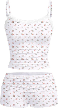 Hilinker Womens Sexy Pajama Set Ruched Lace Trim Cami and Shorts Summer Cute Pjs 2 Piece