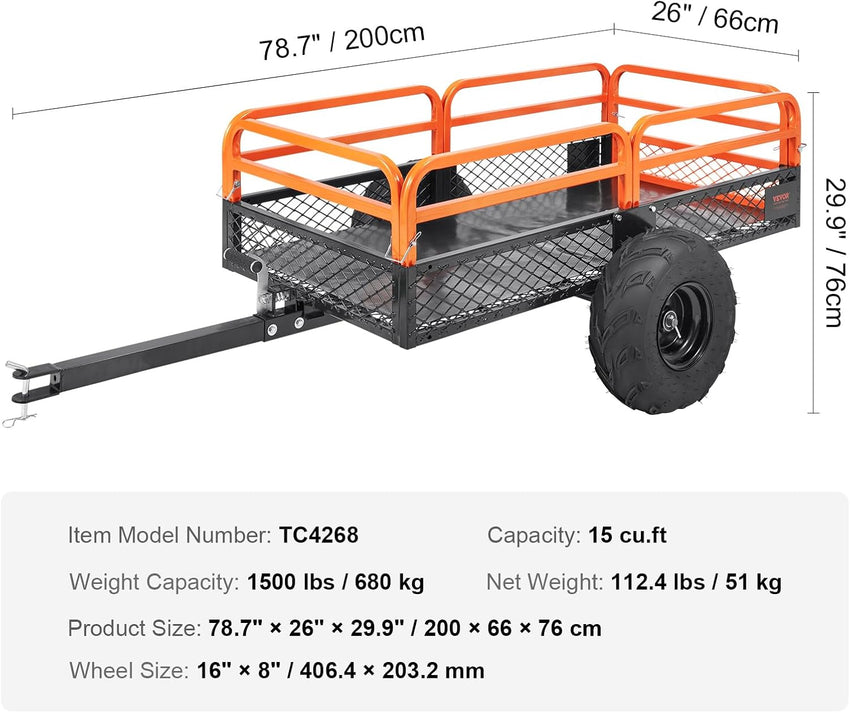 VEVOR ATV UTV Trailer Tow Behind Dump Cart, 1500lbs 15 Cubic Feet, Heavy Duty Yard Garden Trailer Pull Behind Dump Trailer for Lawn Mower Tractor