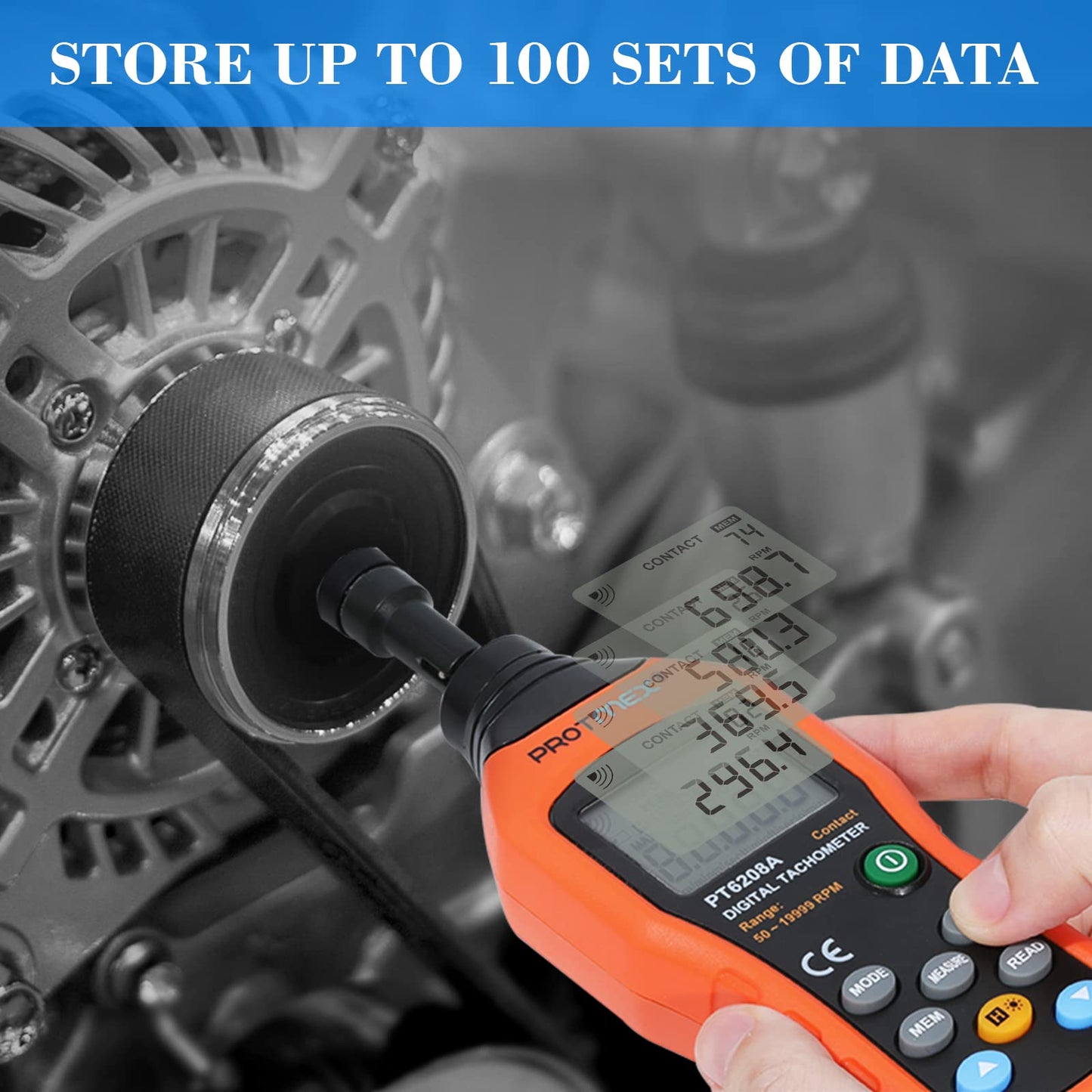 Digital Tachometer, 50-19999 RPM Contact Tachometer, 100 Groups Data Store Handheld Speed Meter with Backlight, Max/Min/AVG RPM Rotation Speed Gauge, PT6208A (Batteries Included)