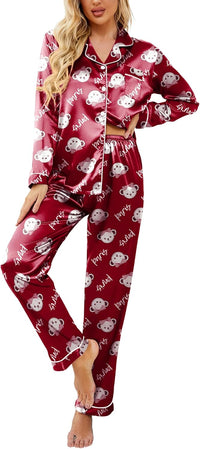 Ekouaer Womens Satin Pajama Set Classic Pattern Silky Pj Sets Button Down Sleepwear Loungewear