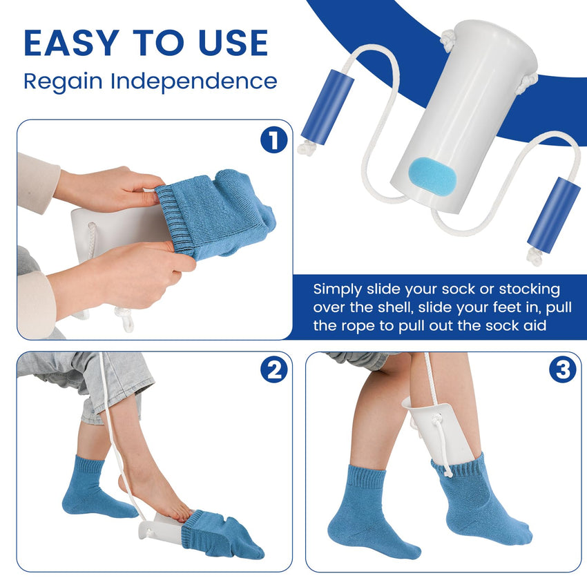 Jellas Sock Aid Kit, Flexible Sock Aid Device with Long Rope - Sock Puller aid Easy on and Off Device for Putting On and Removing Socks or Stockings, Sock Helper for Independence and Comfort (White)