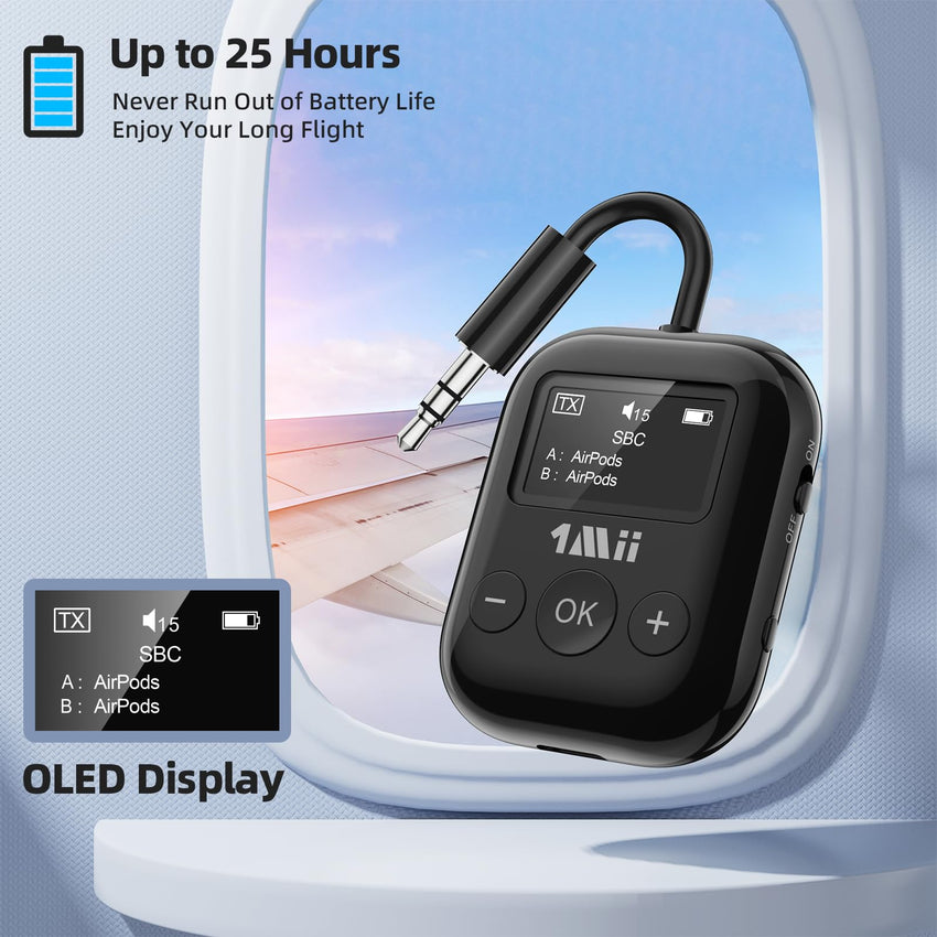 1Mii Bluetooth Transmitter for Airplane, Bluetooth 5.3 Adapter for TV,Airplane Travel Essentials, Aptx Low Latency Wireless Audio Aux for Headphones, Any 3.5mm Jack,Linking 2 Devices (White)