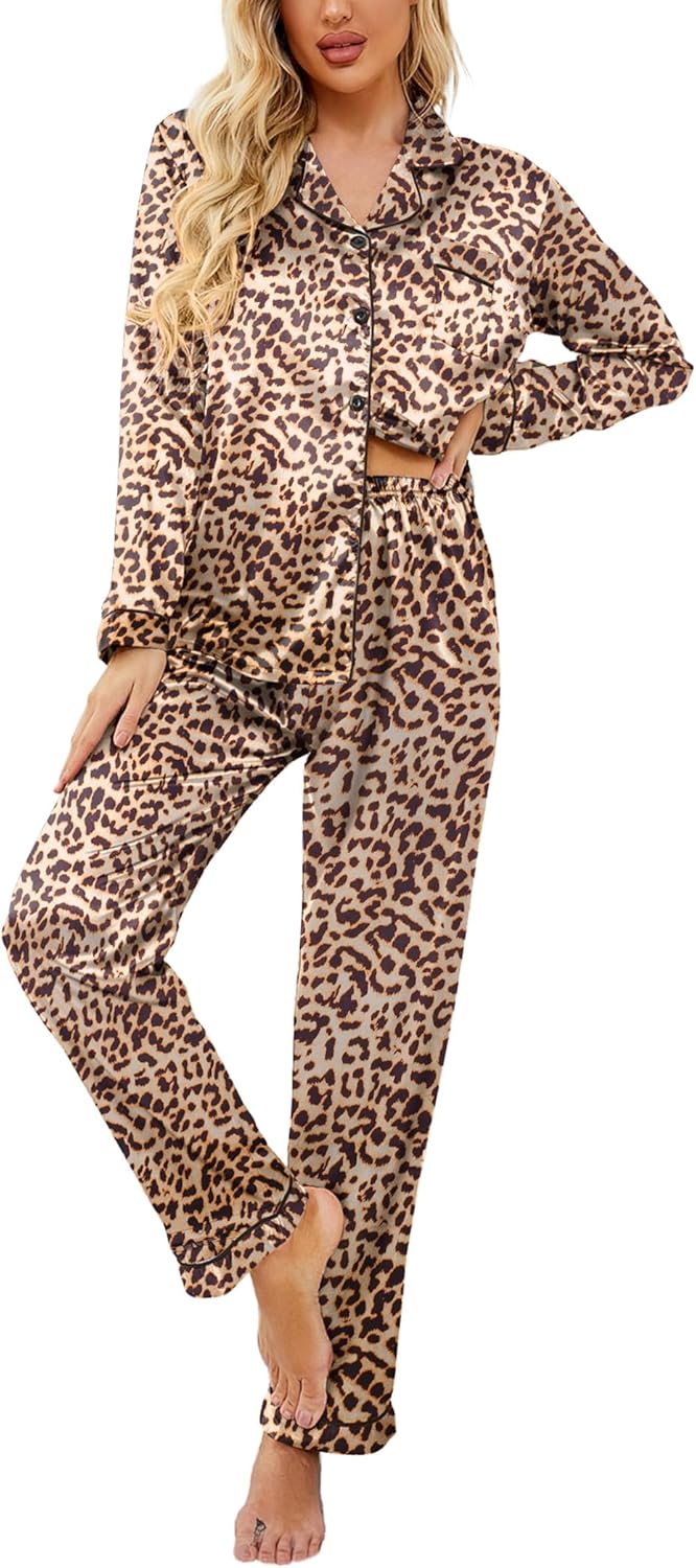 Ekouaer Womens Satin Pajama Set Classic Pattern Silky Pj Sets Button Down Sleepwear Loungewear