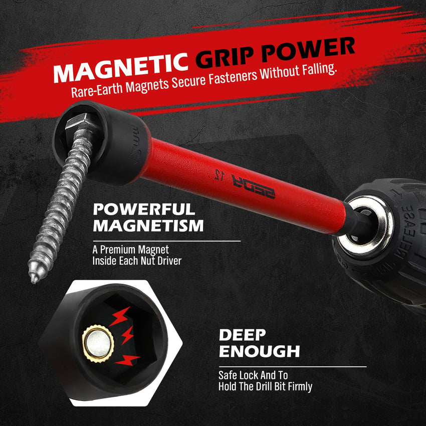 12-Piece Magnetic Nut Driver Set - Premium Impact Power Hex Nut Driver Drill Bit Master Kit, SAE & Metric, 1/4-Inch Quick-Change