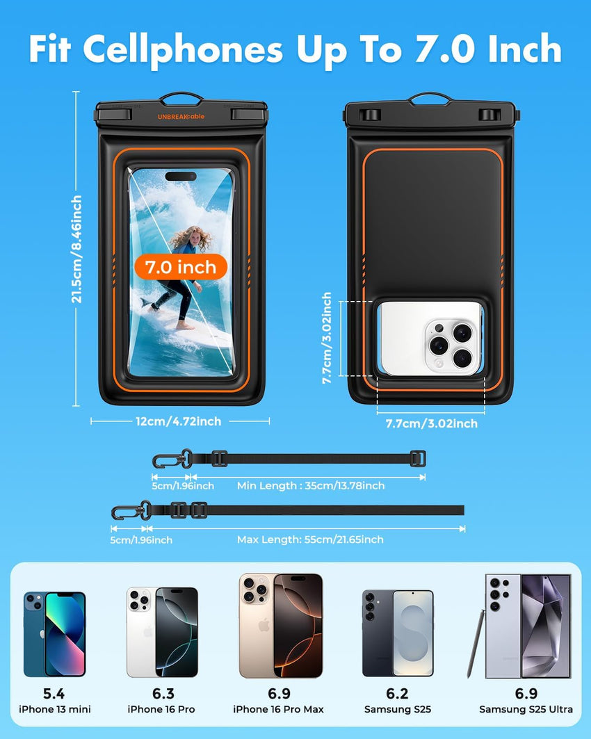 UNBREAKcable Floating Waterproof Phone Pouch 2 Pack, IPX8 Waterproof Phone Case Dry Bag Kayak/Beach/Cruise Travel Essentials, Water Proof Pouch for iPhone 17 16 15 Pro Max, Samsung S25 Ultra S24-7"