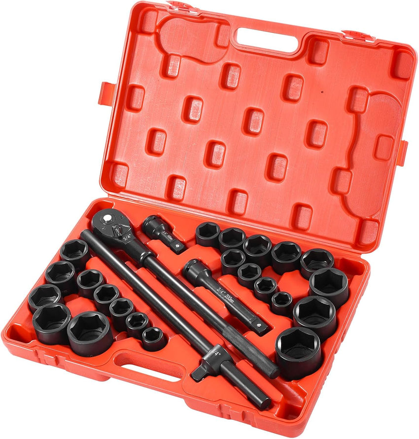 VEVOR Impact Socket Set 3/8" Drive, 48-Piece Standard SAE (5/16 to 3/4 inch) & Metric (8 to 22 mm) Size, Deep & Shallow, 6 Point, CR-V, Extension Bar, Universal Joint, 1/2" F to 3/8" M Reducer