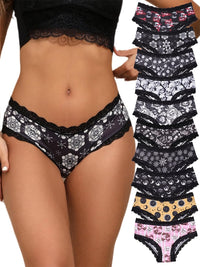 Morvia 10pcs Women's Gothic Contrast Lace Halloween Skull & Rose Print Hipster Panties Assorted Styles