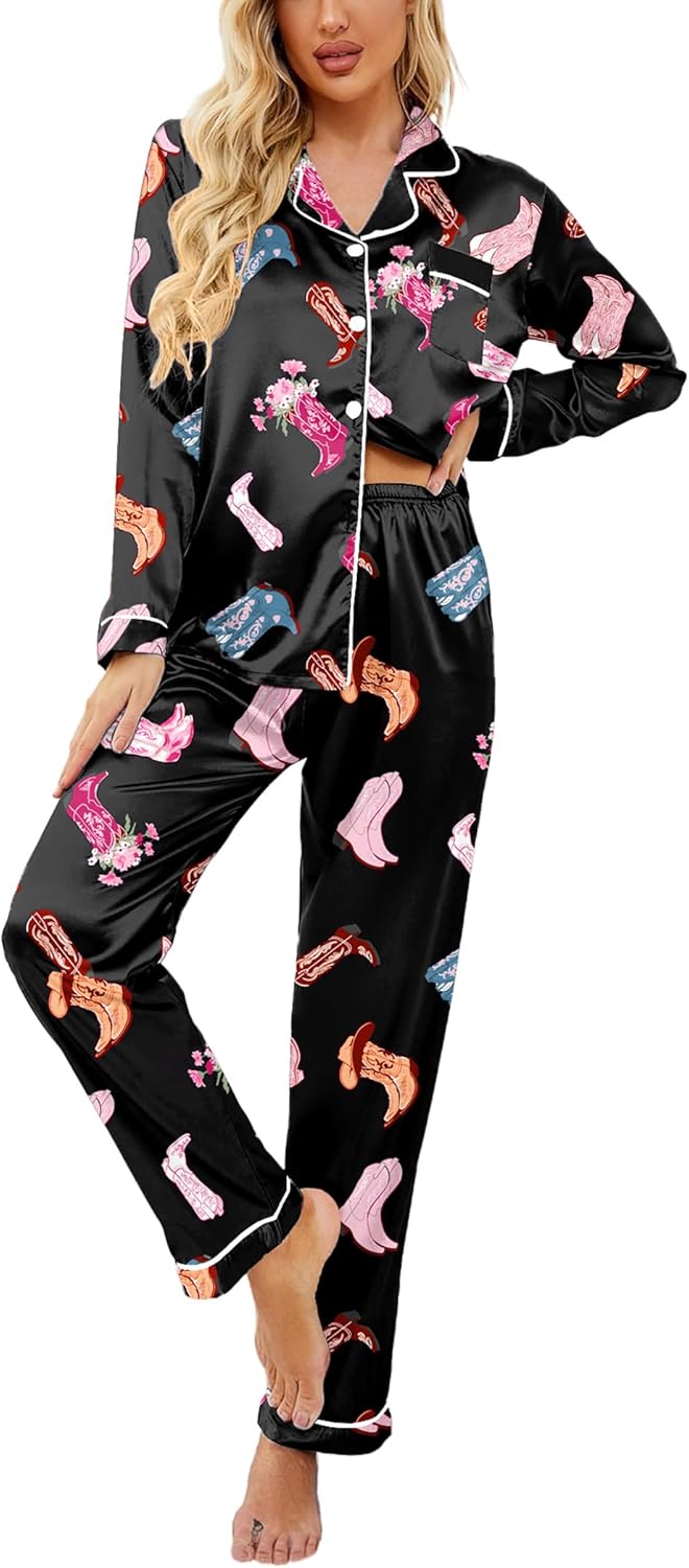 Ekouaer Womens Satin Pajama Set Classic Pattern Silky Pj Sets Button Down Sleepwear Loungewear