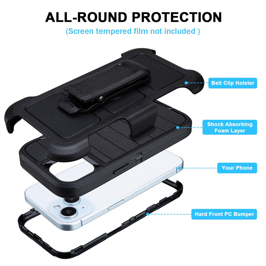 for Rugged iPhone 15 Case with Belt Clip Holster, Military Grade Heavy Duty Shockproof Cover for iPhone15 Case Protective with Stand 6.1 Inch (Black+Blue)