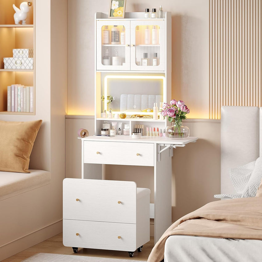 Maupvit Small Vanity Desk with Mirror and Lights, Modern Compact Make Up Vanity Set with Hidden Stool, Charging Station, Drawers, White Narrow Vanity Dressing Table with Fold-up Panel for Small Space