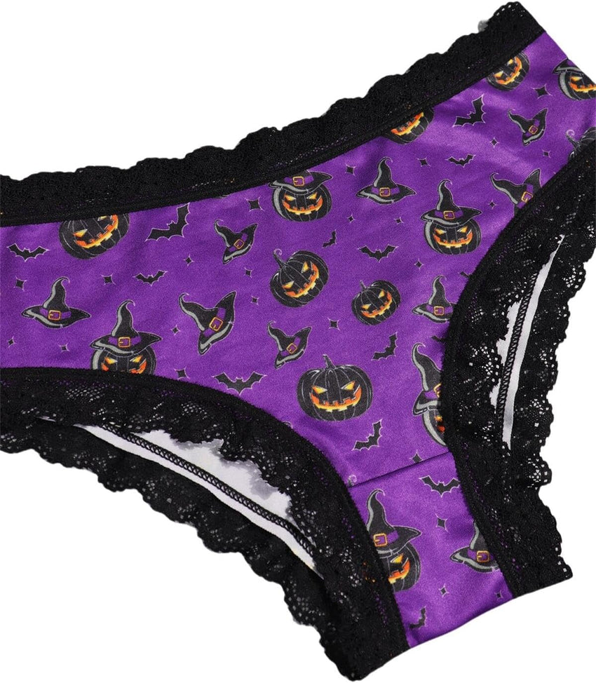 Morvia 10pcs Women's Gothic Contrast Lace Halloween Skull & Rose Print Hipster Panties Assorted Styles