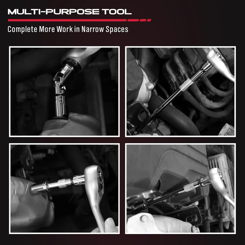4-Piece 3/8" Drive Socket Extension Bar Set, Professional Socket Extension Set Include 3, 6, and 10 Inch Extensions and 3/8 Inch drive Universal Joint Sockets, Premium Cr-V Steel Construction
