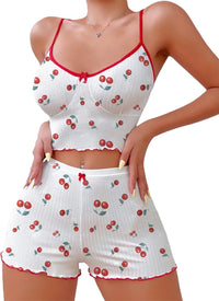 Hilinker Womens Graphic Print Ribbed PJ Set Crop Cami Tops and Shorts Cute Pajamas Set