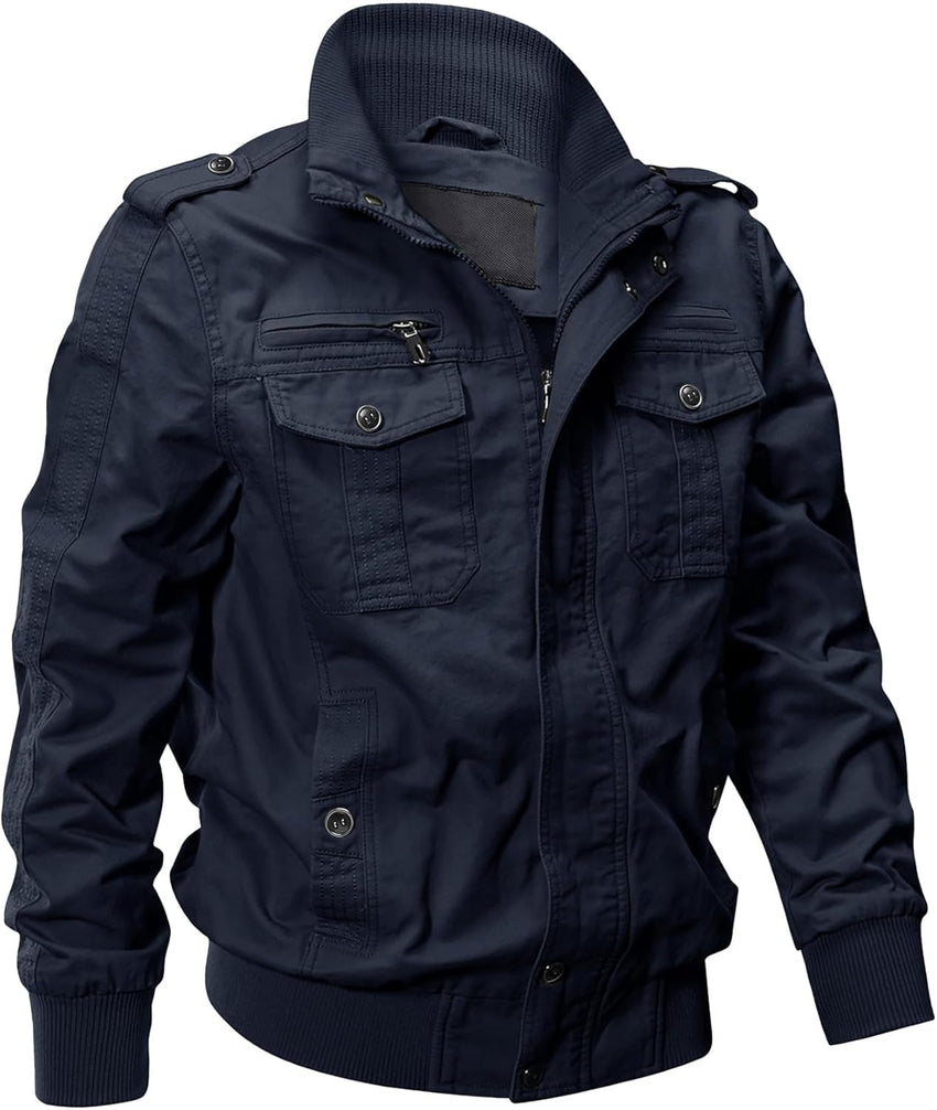 7DAY'S Men's Cotton Lightweight Multi Pockets Zip Front Stand Collar Military Jackets Windbreaker