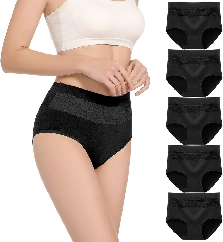 HAVVIS Women's Briefs Underwear Cotton High Waist Tummy Control Panties Rose Jacquard Ladies Panty Multipack