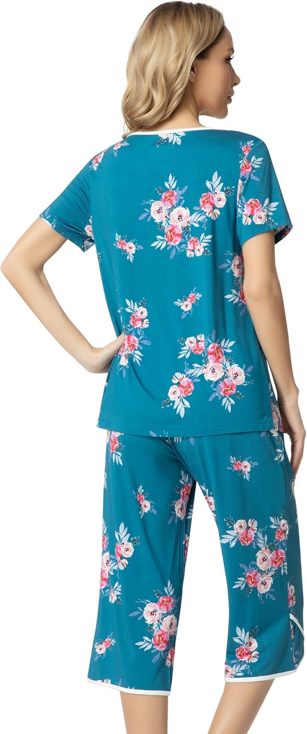 NACHILA Women’s Pajamas-Viscose Made from Bamboo, Short Sleeve Pjs Top with Capri Pajama Sets for Women Cool V Neck Sleepwear